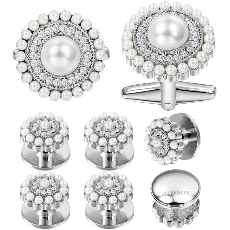 Pearl&Crystal Cufflinks Studs Set for Men&Woment Tuxedo Shirt Engraved LOGO