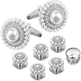 Pearl&Crystal Cufflinks Studs Set for Men&Woment Tuxedo Shirt Engraved LOGO