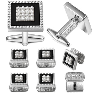Men's Square Cufflink and Studs Set Inlaied Pearl with LOGO