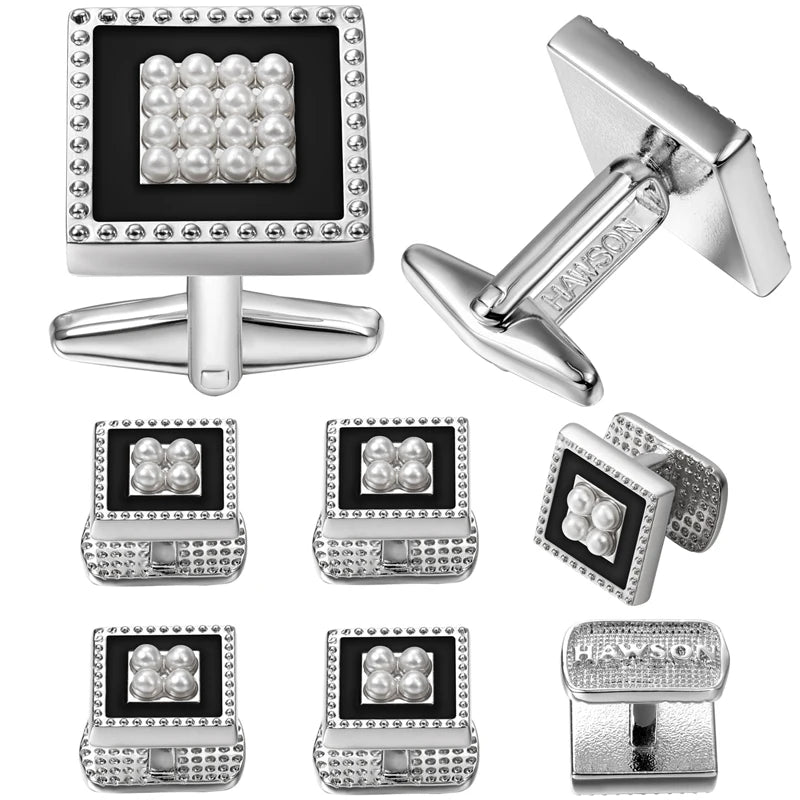 Men's Square Cufflink and Studs Set Inlaied Pearl with LOGO