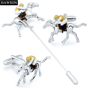 Men's Horse Riding Cufflinks and Brooches Set Wedding Shirt 3 Colors