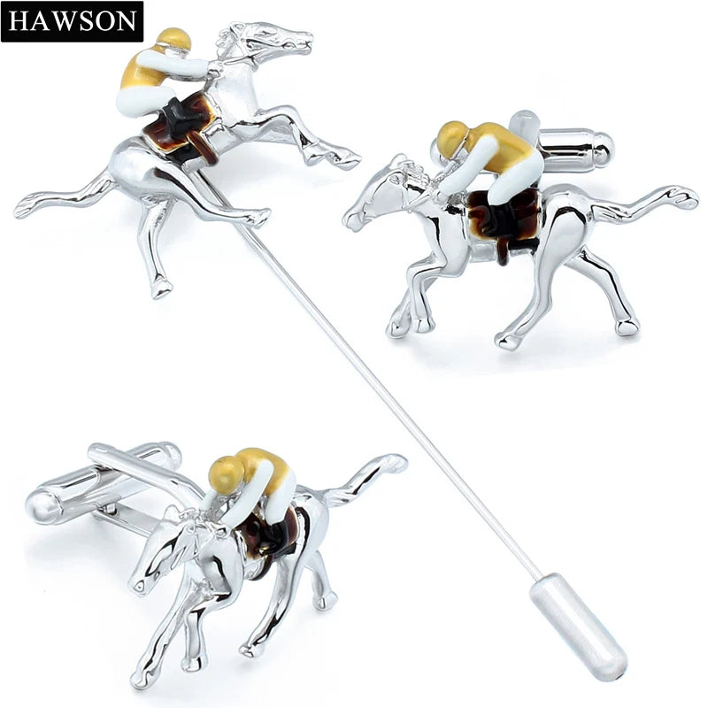 Men's Horse Riding Cufflinks and Brooches Set Wedding Shirt 3 Colors