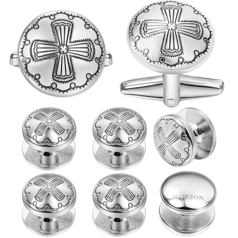 Engraved Flower Pattern Cufflinks & Studs Set