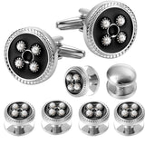 Enamel&Pearl Round Cufflinks & Studs Set Wedding Engraved Shirt Cufflinks