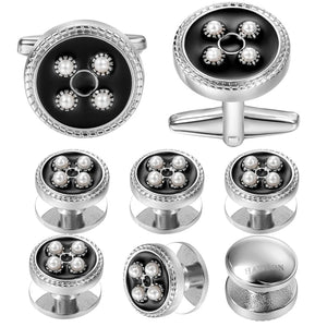 Enamel&Pearl Round Cufflinks & Studs Set Wedding Engraved Shirt Cufflinks