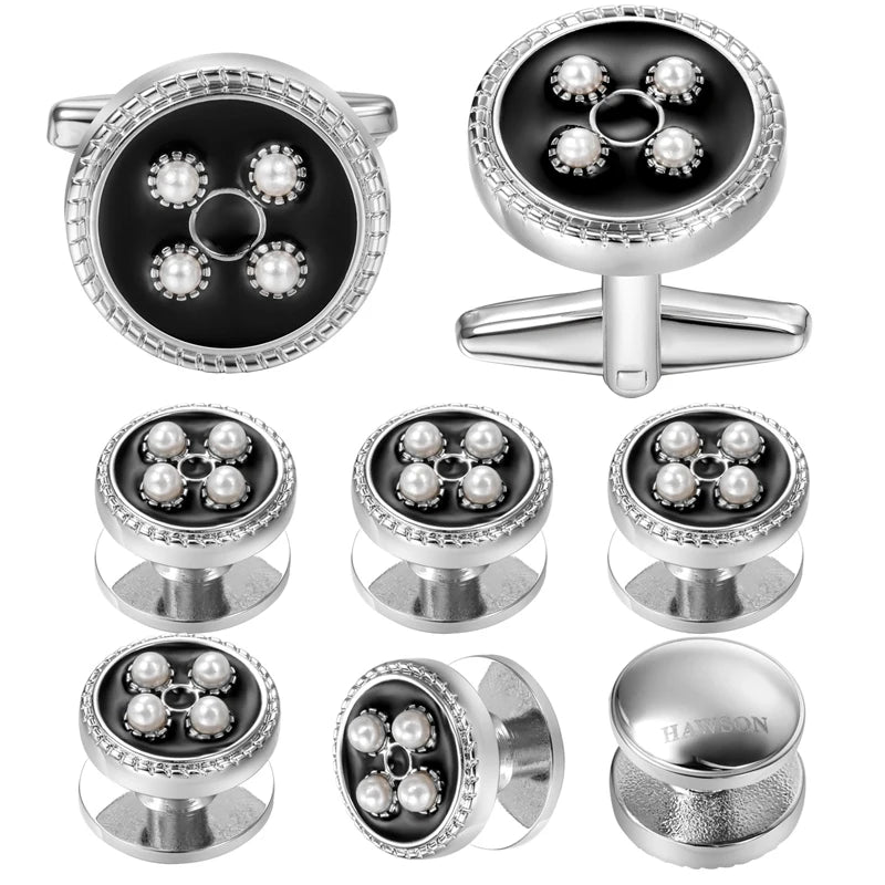 Enamel&Pearl Round Cufflinks & Studs Set Wedding Engraved Shirt Cufflinks