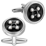 Enamel&Pearl Round Cufflinks & Studs Set Wedding Engraved Shirt Cufflinks