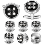 Enamel&Pearl Round Cufflinks & Studs Set Wedding Engraved Shirt Cufflinks