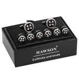 Enamel&Pearl Round Cufflinks & Studs Set Wedding Engraved Shirt Cufflinks