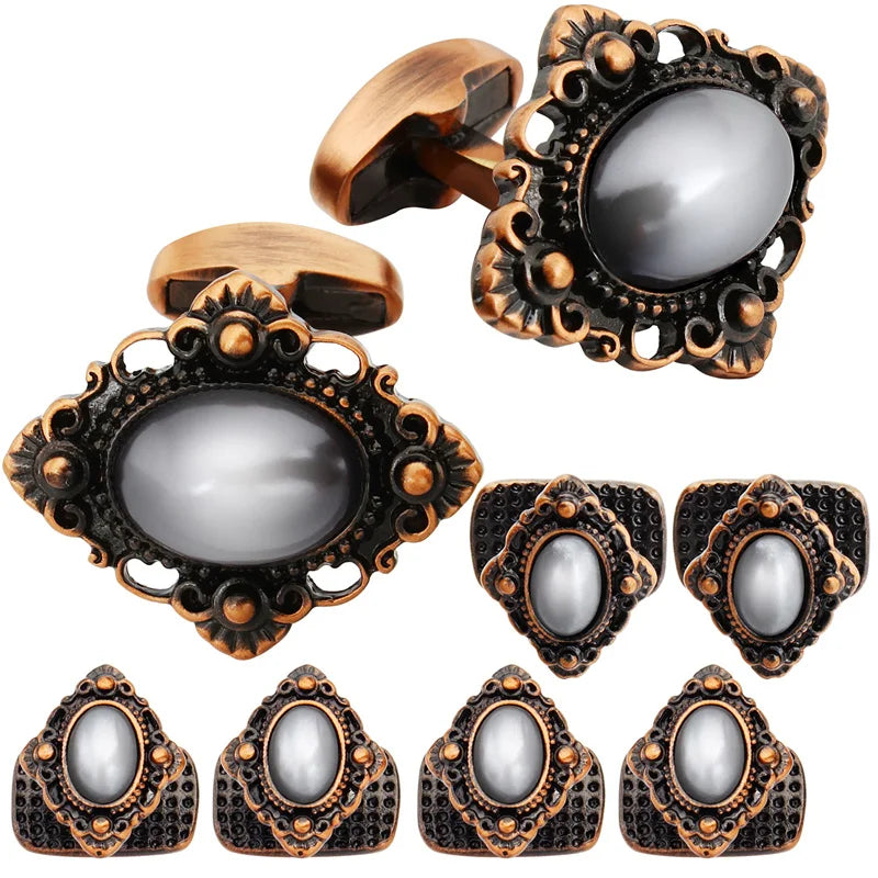 Red Copper Plated Cufflinks Set with Mother of Pearl