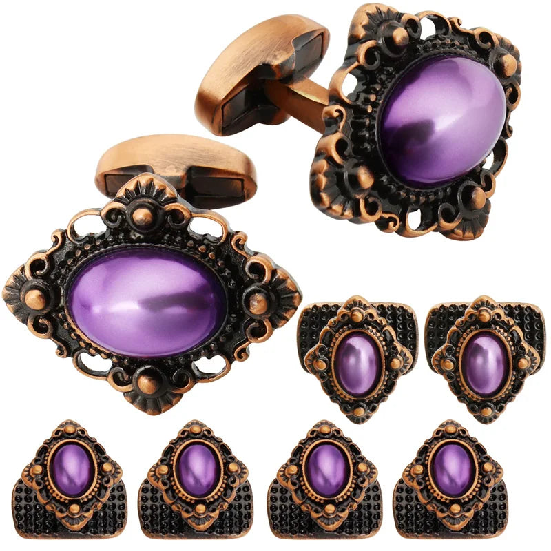 Red Copper Plated Cufflinks Set with Mother of Pearl