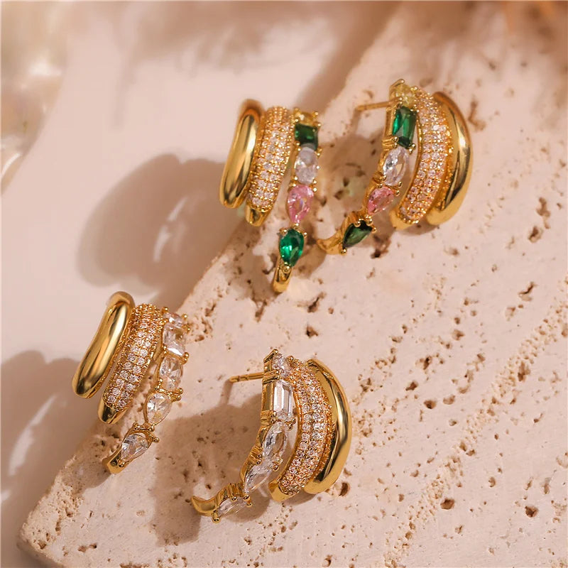 HECHENG Colorful Zircon C-Shaped Stud Earrings Women's Ear Decorations