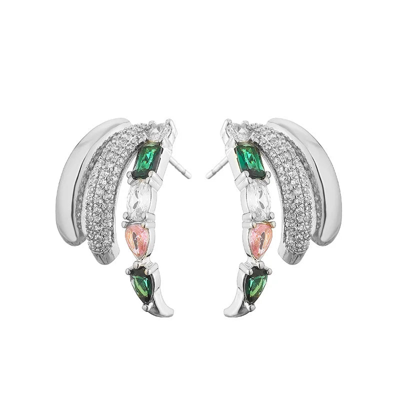 HECHENG Colorful Zircon C-Shaped Stud Earrings Women's Ear Decorations