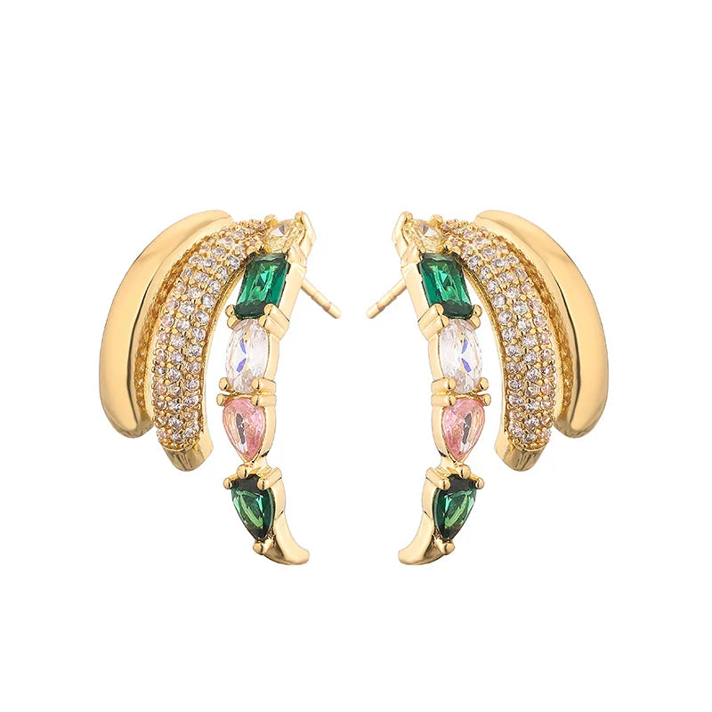 HECHENG Colorful Zircon C-Shaped Stud Earrings Women's Ear Decorations