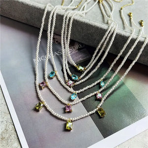 Pearl Chain Zircon Choker Necklace Women Sweet Pink Stone Pendants Wedding