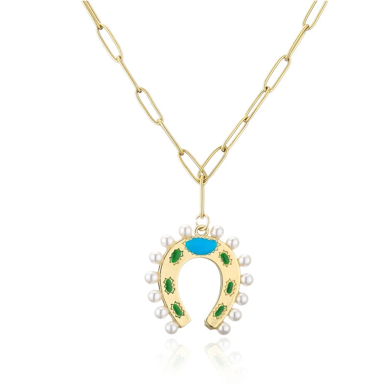 Vintage Pearl Horseshoe Pendant Necklace for Women, Gold Alloy Pendant