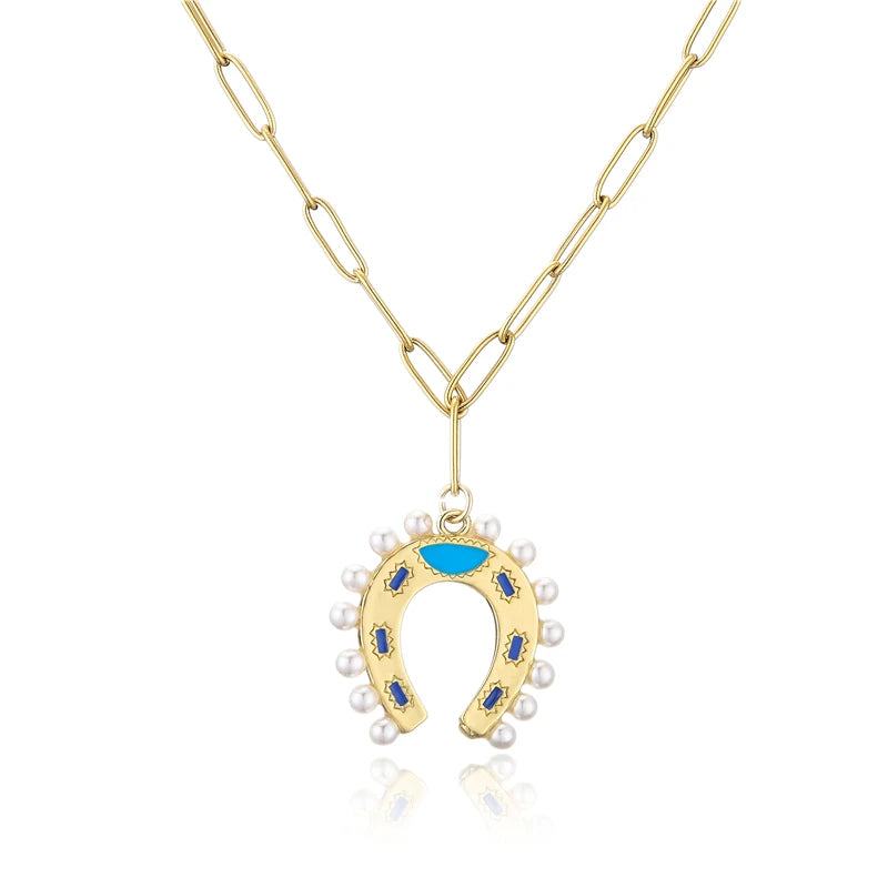 Vintage Pearl Horseshoe Pendant Necklace for Women, Gold Alloy Pendant