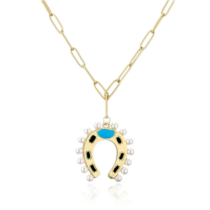 Vintage Pearl Horseshoe Pendant Necklace for Women, Gold Alloy Pendant