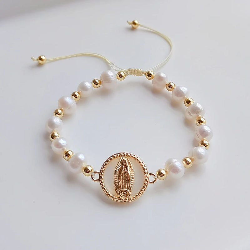 Guadalupe Bracelet Pearl Beaded Mary Charm Adjustable Christian Jewelry