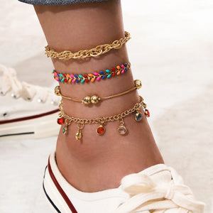 4Pcs Australia Multicolor Crystal Anklet Set Women Anniversary Jewelry
