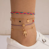 4pc Bohemian Mixed Beaded Star Zircon Coconut Tree Anklet Set