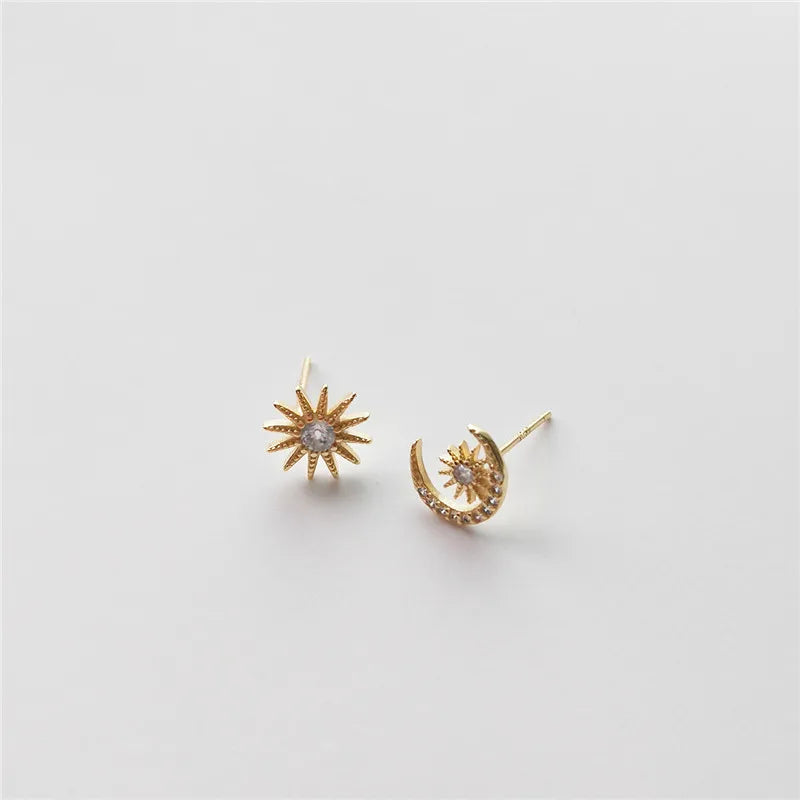 925 Silver Crystal Sun Moon Stud Earrings Classic Banquet Jewelry