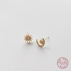 925 Silver Crystal Sun Moon Stud Earrings Classic Banquet Jewelry