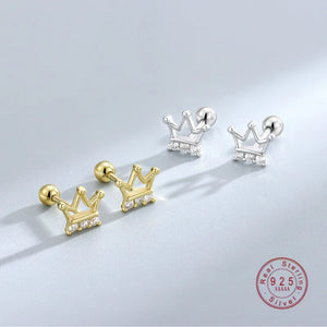 925 Silver Zircon Crown Stud Earrings Turnbuckle Women's Jewelry
