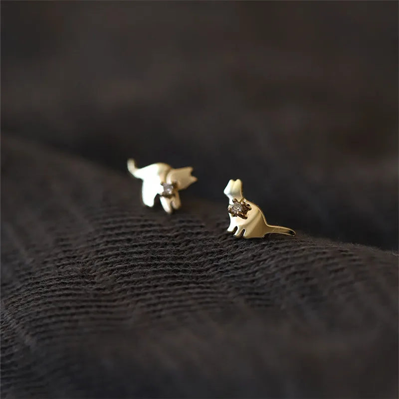 925 Silver Cat Stud Earrings Women 14K Plated Small Party Jewelry