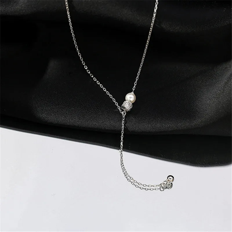 925 Sterling Silver Pearl Zircon Small Bead Pendant Necklace Women