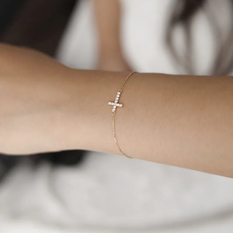 925 Silver Pav? Zircon Cross Bracelet Plated 14K Light Gift Jewelry