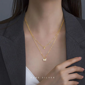925 Silver 14K Double Layer Butterfly Necklace Wedding Party Jewelry