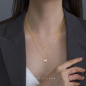 925 Silver 14K Double Layer Butterfly Necklace Wedding Party Jewelry