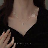 925 Silver Evil Eye Green Zircon Pendant Necklace Women Vintage Jewelry