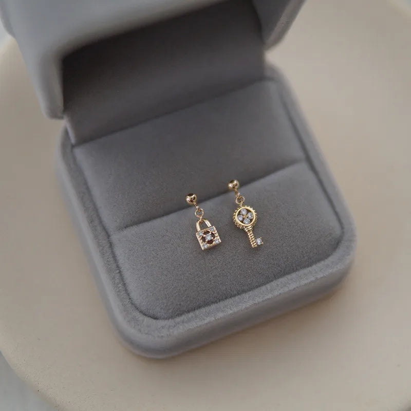 S925 Sterling Silver Asymmetric Crystal Lock Key Stud Earrings