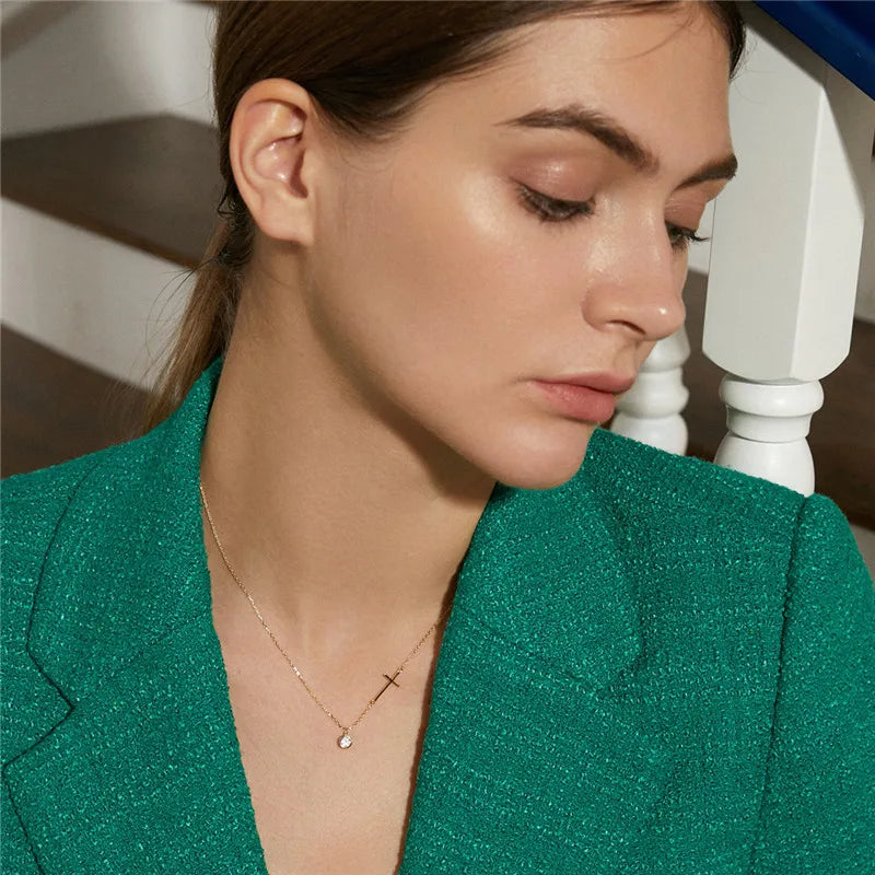 Sterling Silver Zircon Cross Necklace Women Gift Jewelry
