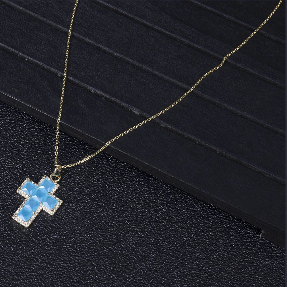 Colorful CZ Crystal Big Cross Pendant Necklace for Women