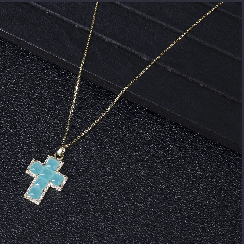 Colorful CZ Crystal Big Cross Pendant Necklace for Women