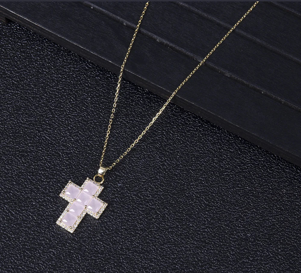 Colorful CZ Crystal Big Cross Pendant Necklace for Women