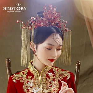 Traditional Chinese Bridal Headwear Red Beaded Hairpins with Earrings