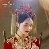 Traditional Chinese Bridal Headwear Red Beaded Hairpins with Earrings