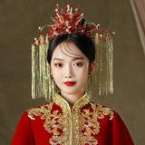 Traditional Chinese Bridal Headwear Red Beaded Hairpins with Earrings