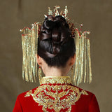 Traditional Chinese Bridal Headwear Red Beaded Hairpins with Earrings