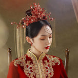 Traditional Chinese Bridal Headwear Red Beaded Hairpins with Earrings
