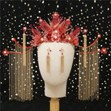 Traditional Chinese Bridal Headwear Red Beaded Hairpins with Earrings