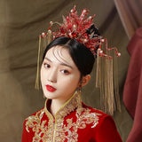 Traditional Chinese Bridal Headwear Red Beaded Hairpins with Earrings