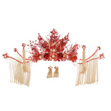 Traditional Chinese Bridal Headwear Red Beaded Hairpins with Earrings