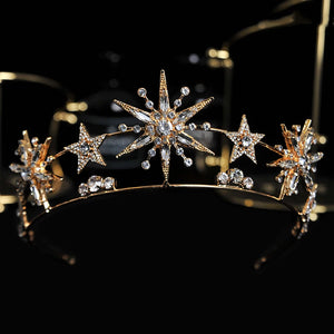 Vintage European 6-Point Star Wedding Crown Tiaras Rhinestone Hair Jewelry