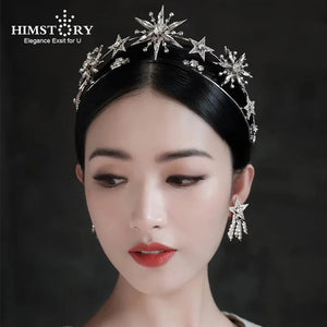 Vintage European 6-Point Star Wedding Crown Tiaras Rhinestone Hair Jewelry