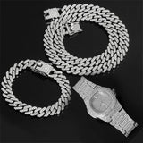 12MM Prong Necklace + Baguette Watch + Bracelet Hip Hop Cuban Chain